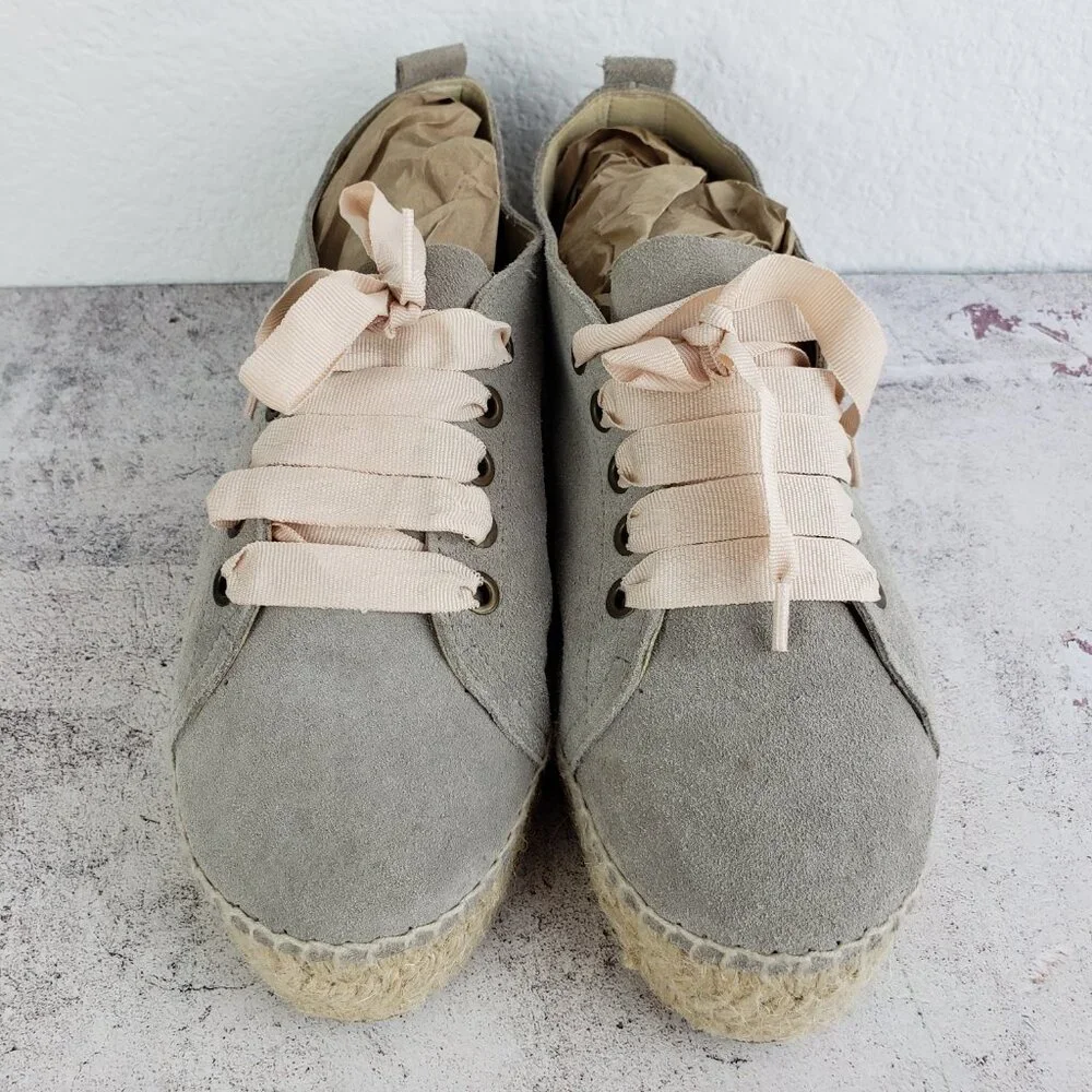 Manebi Hamptons Espadrille Sneaker Platform Jute Gray Suede Leather size 41